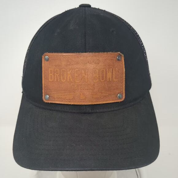 Yupoong Trucker Hat Black Brown Leather Patch Broken Bowl Catering OS Snapback - Picture 2 of 10